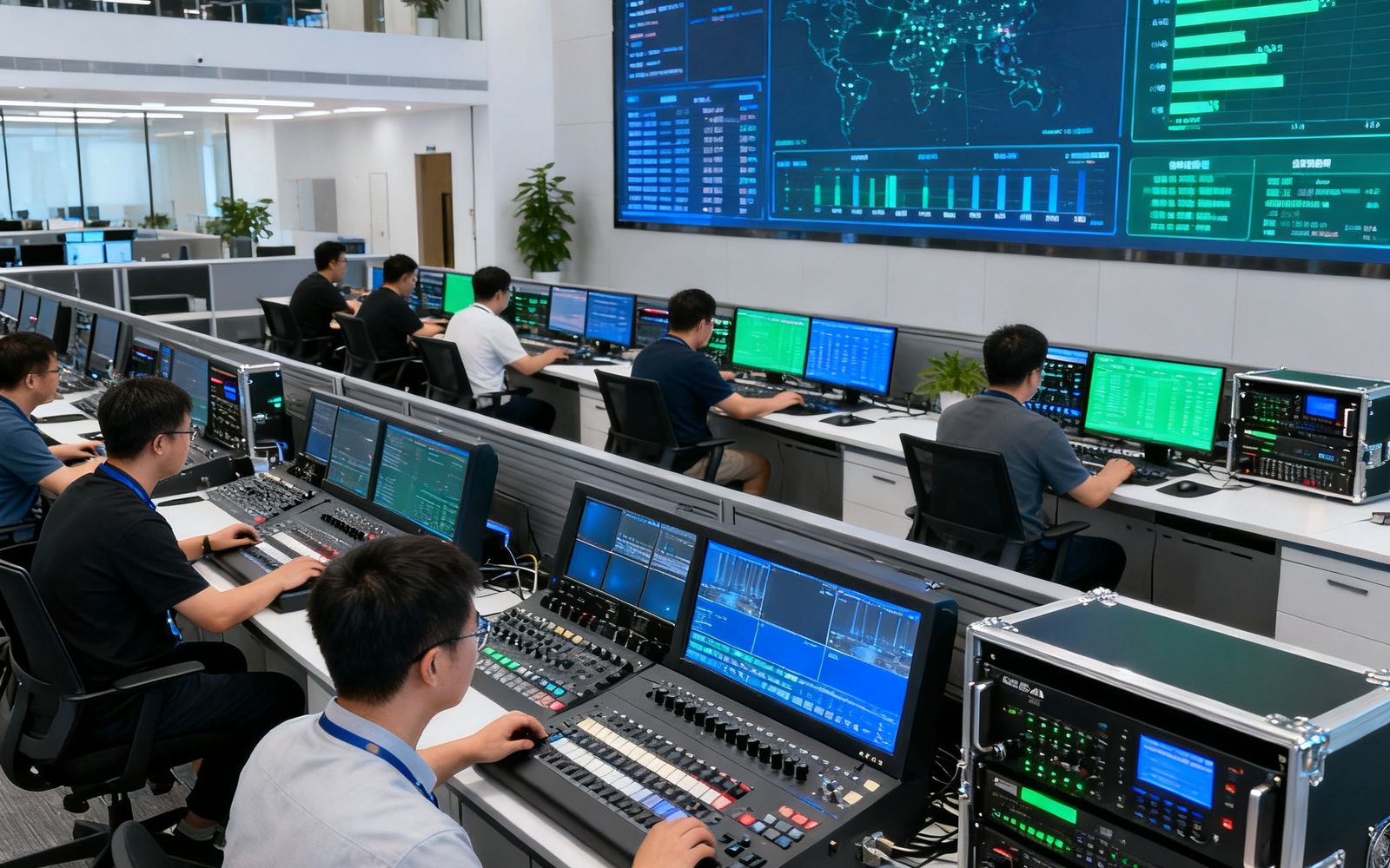SA视讯平台北京总部开放式办公区场景，数十名工程师在工位上调试广播级视讯编码器和切换台，墙壁上的大型监控屏显示着全球12个边缘节点的实时网络状态和信号流转数据。